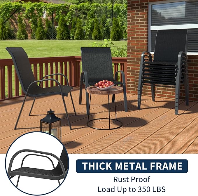 Amopatio Patio Chairs Set of 8, Outdoor Stackable Dining Chairs for All Weather, Breathable Garden Outdoor Furnitures for Backyard Deck, Black