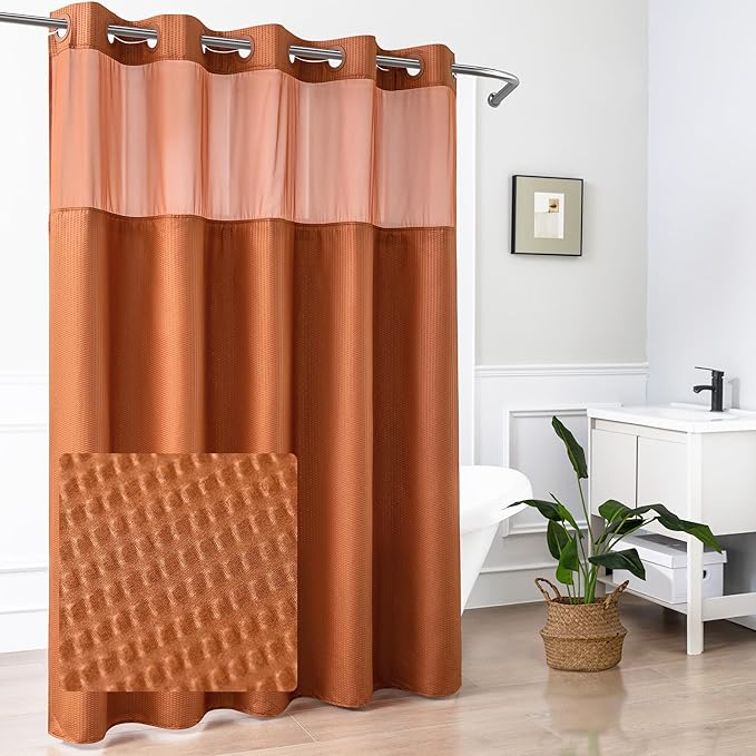 Mrs Awesome No Hook Shower Curtain with Snap-in Liner, Embossed Waffle Design Fabric Shower Curtain for Bathroom, Soft & Lightweight, 71x74, Taerracotta