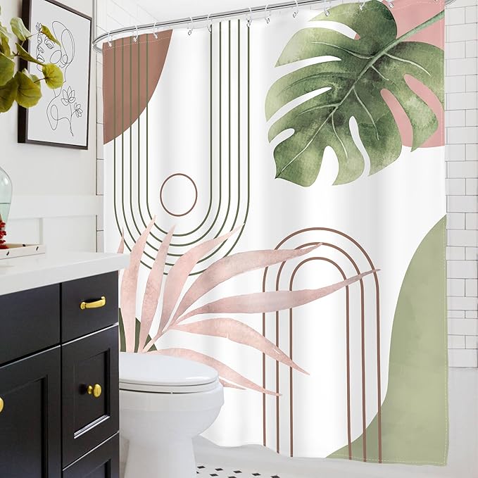 Glawry Abstract Tropical Shower Curtain Chic Boho Plant Palm Leaf Watercolor Pink Green Simple Minimalist Bathroom Modern Botanical 72Wx72L Inches Bath Accessories Art Home Decor Fabric 12 Pack Hooks