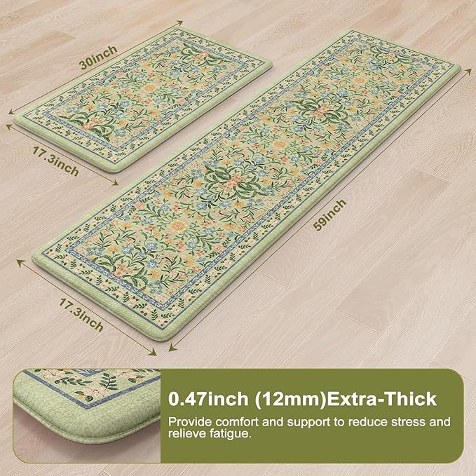 Collive Green Kitchen Mats for Floor, Cushioned Anti Fatigue Mat Non Skid Waterproof Kitchen Rugs Set of 2, Beige Vintage Comfort Standing Desk Rug for Office, Sink, Laundry, 17"x30"+17"x59"