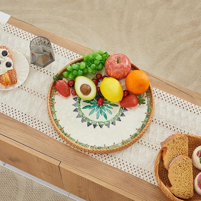 Shellac Rattan Tray with Mother of Pearl Inlay, Round Decorative Serving Tray for Home Décor Coffee Table Storage and Display, 100% Natural Materials- Ottoman Tray - Mix Color 12"