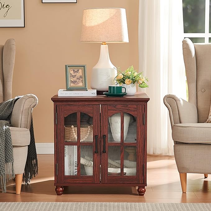 Farmhouse End Table with Charging Station,24" Large Sofa Side Table with Glass Barn Door,Rustic Wood Night Stand with Adjustable Storage Shelf,Square Bedside Table for Living Room,Bedroom Office
