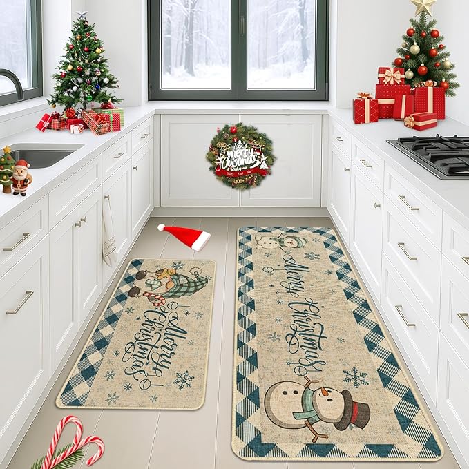 Christmas Snowflake Gnome Kitchen Rugs and Mats Non Skid Washable Set of 2, Winter Snowman Xmas Kitchen Mats for Floor Decor