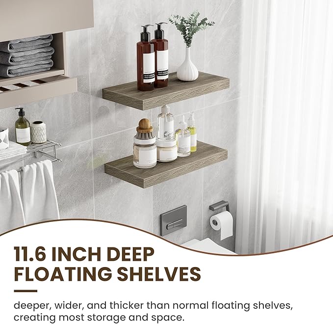 24 Inch Floating Shelves, 12 Inch Deep Floating Shelves for Wall, Floating Shelf with Invisible Brackets, Deep Shelves for Bathroom, Bedroom, Living Room, 2 Pack, Vintage Gray Oak