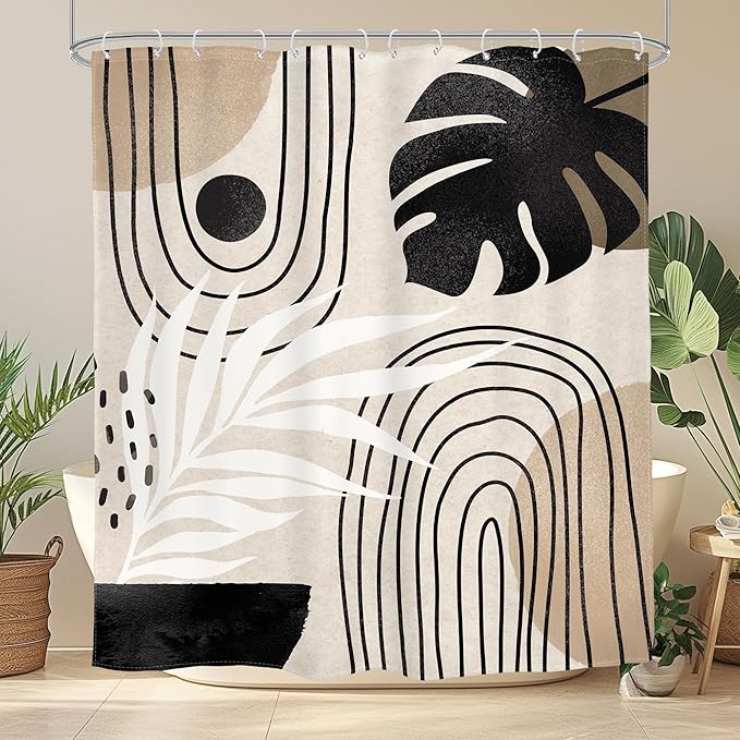 Glawry Boho Mid Century Shower Curtain Abstract Plant Tropical Palm Leaf Modern Minimalist Arch Geometric Bathroom Black Beige Brown 60Wx72L Inches Bath Accessories Art Home Decor Fabric 12 Pack Hooks