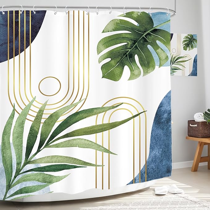 Glawry Boho Blue Green Shower Curtain Extra Long Abstract Mid Century Tropical Palm Leaf Modern Minimalist Plant Bathroom Geometric 72Wx78L Inches Bath Accessories Art Home Decor Fabric 12 Pack Hook