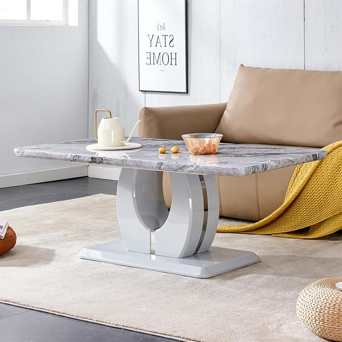 LKTART Rectangle Coffee Table for Living Room, Imitation Marble Coffee Tables with Storage, Modern Stable Base Accent Center Tea Table for Dining Room Small Space Apartment (43.3''L×22.4''W-Grey)