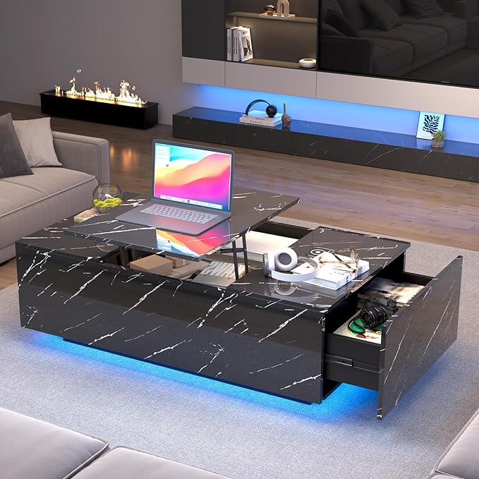 LED Coffee Table, 47.2" Lift Top Coffee Tables with Drawers and Large Storage, Smart Living Room Table with Wireless Charging & Bluetooth Speaker, Dining Center Tables with Storage Shelf