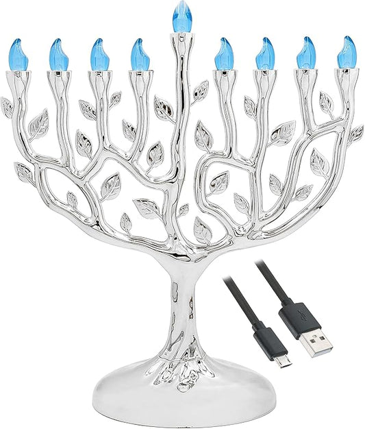 The Dreidel Company LED Electric Silver Hanukkah Tree of Life Menorah - Battery or USB Powered - Includes a Micro USB 4' Charging Cable (Single)