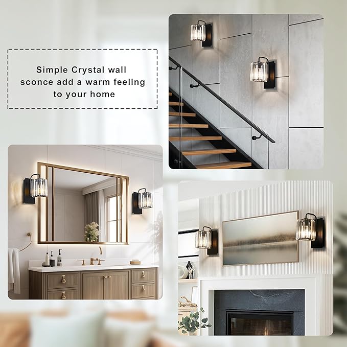 Grneric Crystal Wall Sconces,Black Sconce Wall Light Fixtures Modern Sconces Wall Lighting Single Indoor Wall Sconce for Living Room Bathroom Hallway Bedroom Stairway 10 Inch