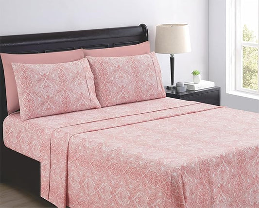 Full Size Bed Sheets Set Deep Pockets - 6PC Paisley Ultra Soft Microfiber Bed Sheets Set - Easy to Clean, 90 Thread Count Sheets with Fitted Sheet, Flat Sheet & Pillowcases (Soft Pink)