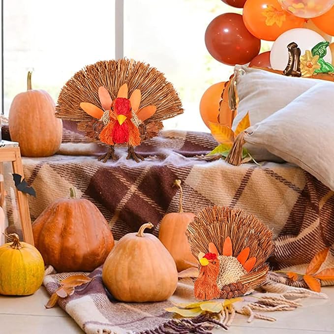 2PCS Thanksgiving Decorations Turkey, Thanksgiving Decorations for Table, Natural Material Turkey for Home Indoor Decor