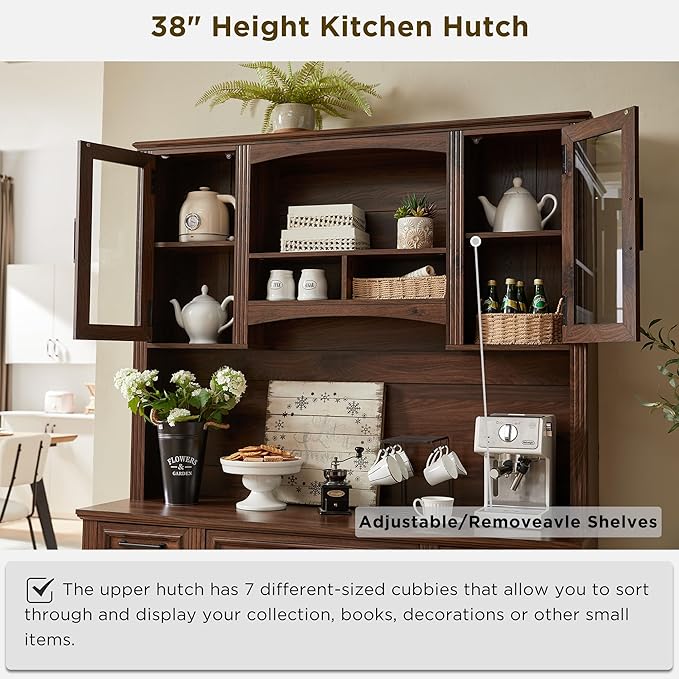 JXQTLINGMU Farmhouse 76" Height Computer Desk with Hutch, Office Desk with Charging Station, Drawers and Storage Cabinet, Workstation for Office Home, Brown