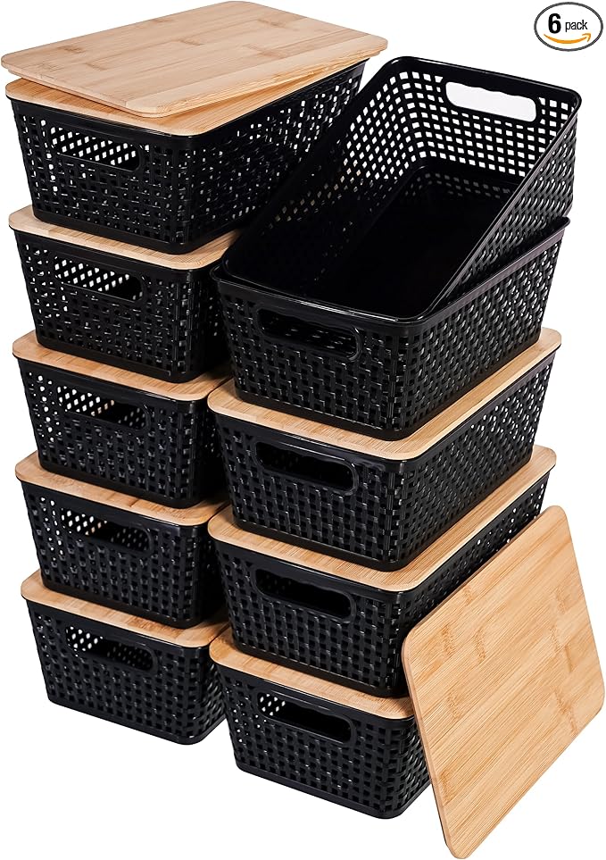 Storage Bins with Lids 10 Packs, Plastic Storage Bins with Bamboo Lids for Pantry Organization and Storage Containers for Shelves Drawers Desktop Closet Playroom Classroom Office Home, Black
