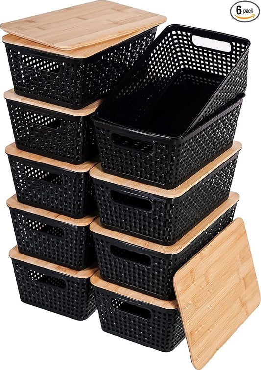 Storage Bins with Lids 10 Packs, Plastic Storage Bins with Bamboo Lids for Pantry Organization and Storage Containers for Shelves Drawers Desktop Closet Playroom Classroom Office Home, Black