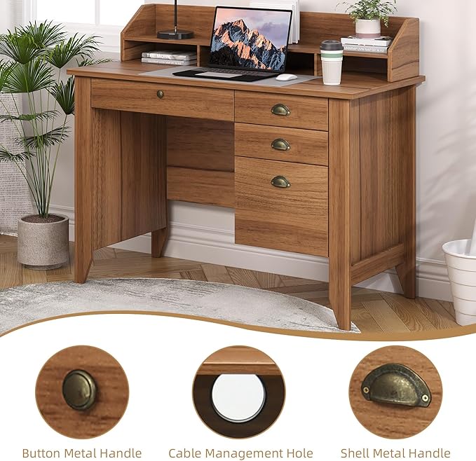 4 EVER WINNER Wooden Desk with Drawers, Small Desk with Monitor Stand and File Drawe, Office Desk with Drawers for Bedroom Small Spaces, Walnut