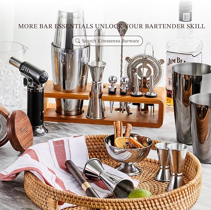 KITESSENSU Cocktail Shaker Set Bartender Kit with Stand | Bar Set Drink Mixer Set with All Essential Bar Accessory Tools: Martini Shaker, Jigger, Strainer, Mixer Spoon, Muddler, Liquor Pourers | Black