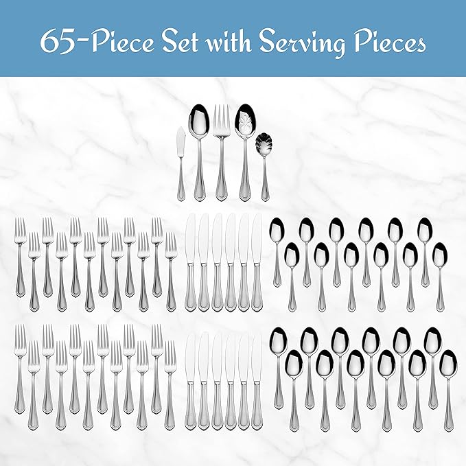Mikasa Regent Bead 65-Piece Flatware Set for 12, 18/10 Stainless Steel Silverware with Full Service and Serving Utensils, Classic Beaded Edge Design