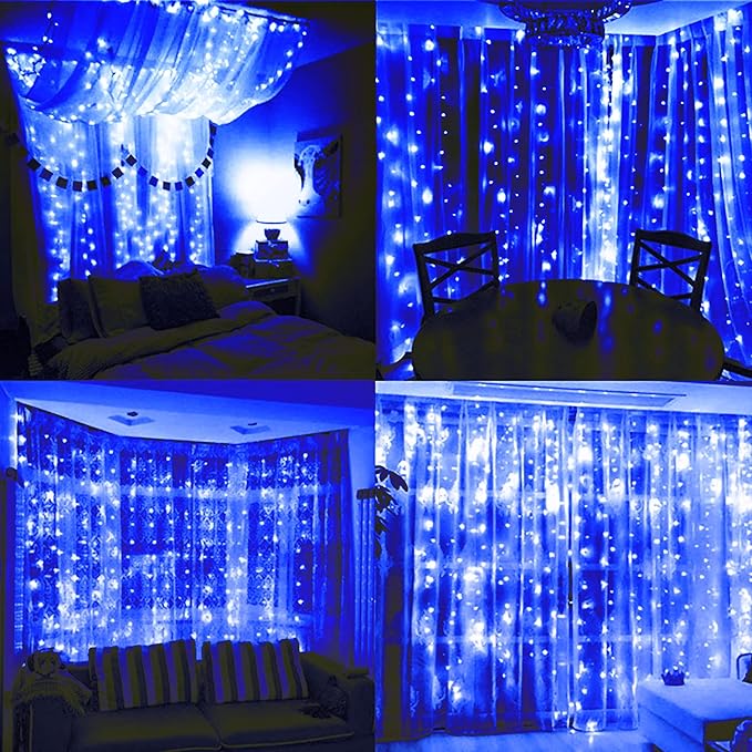 300 LED Curtain String Lights, Twinkle Fairy Lights for Bedroom with 8 Lighting Modes, USB Christmas Lights for Party Home Bedroom Indoor Wall Room Decor (Blue)