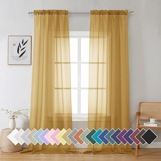 Aiyufeng Gold Sheer Curtain 96 Inches Long 2 Panels Set, Light Filtering Gold Window Curtain Drapes Treatment for Kitchen, Bedroom,Children Room, Dual Rod Pocket, 2 Pack of 42 x 96"