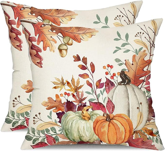 DFXSZ Fall Pillow Covers 18x18 inch Set of 2 Orange White Pumpkin Fallen Leaves Decorative Outdoor Throw Pillow Covers Autumn Thanksgiving Farmhouse Decoration for Home Couch TH27-A18