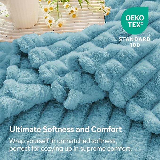 BEDELITE Washed Blue Throw Blanket Twin Size for Bed- Super Soft and Warm 3D Checkered Fluffy Fuzzy Fleece Blanket, Luxurious Plush Cozy Blanket for Room Decor Fall and Winter, 60x80 inches