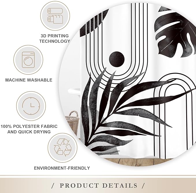 Glawry Boho Black White Shower Curtain Mid Century Abstract Tropical Palm Leaf Modern Minimalist Plant Botanical Bathroom Geometric 60Wx72L Inches Bath Accessories Art Home Decor Fabric 12 Pack Hooks