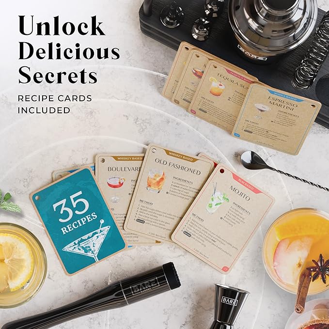 BARE BARREL® Mixology Bartender Kit Bar Set | 14-Piece Cocktail Shaker Set | Martini Barware Mixing Tools for Home Bartending | 35 Recipe Cards | Gift Set (24oz Cobbler Shaker, Jet Black/Black)