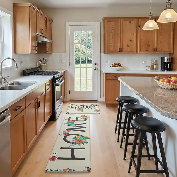 GENIMO Anti Fatigue Kitchen Mats for Floor, Non Slip Washable Home Theme Rugs Sets of 2, Farmhouse Cushioned Waterproof Comfort Runner Rug for Kitchen, Sink, Desk, Laundry, 17"x 59"+17"x 30", White