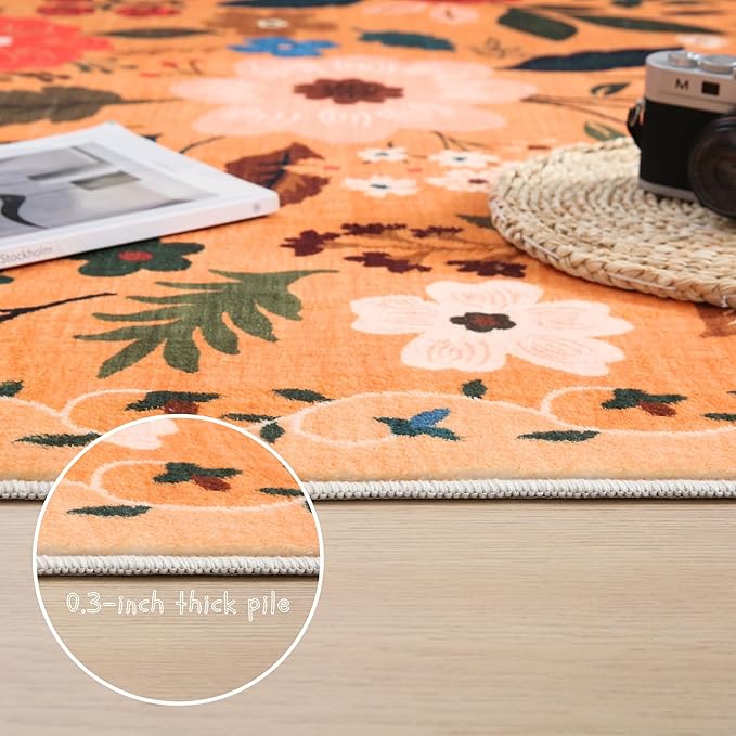 Rugcomf Living Room Rug 5x7 Rug Machine Washable Boho Area Rug Non Slip Floral Vintage Low Pile Large Rugs for Living Room, Bedroom, Farmhouse, Dining Room, Kids Playroom(Yellow)