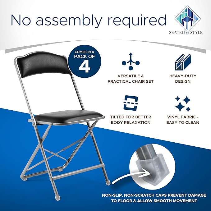 Folding Chairs with Padded Seats 4 Pack - Foldable Chair with Heavy-Duty Steel Frame, Elegant Party Chairs, Metal Folding Chair for Outside, Home, Office, Indoor & Outdoor Events - Silver/Black
