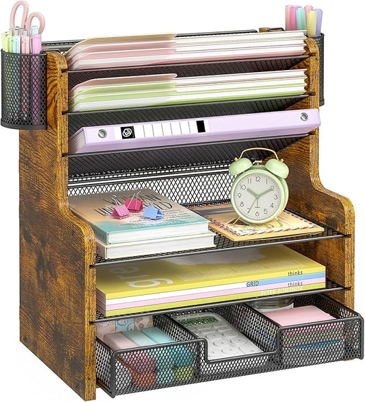 6-Tier Mesh Desk Organizer with Drawer, Wooden Office Organizer for Papers, Folders & Office Supplies - Sturdy Desktop File Holder with 2 Pen Holders - Space Saving Home Office Accessories