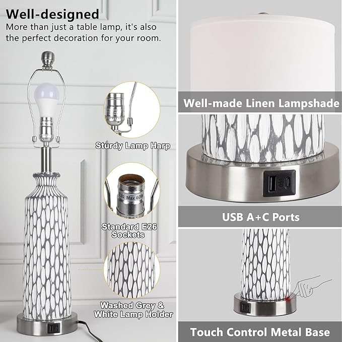 QiMH Table Lamp for Living Room,Bedside Lamps for Bedroom Set of 2 with USB A+C Ports,3-Way Dimmable Touch Control, Modern Coastal White Grey Resin Nightstand Lamp, Included 2700K LED Bulbs