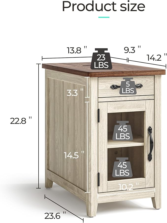 LINSY HOME Farmhouse End Table with Charging Station, Narrow Side Table for Living Room, Sofa Side Table with Drawer and Storage Cabinet, Small Nightstand for Home Office