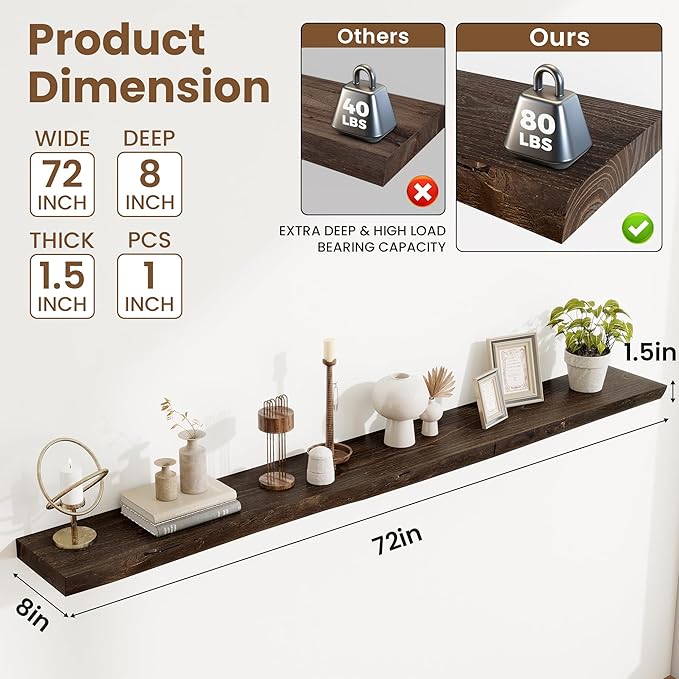 Floating Shelves, 8" Deep Rustic Solid Wood Wall Mounted Floating Shelves, Wall Shelves with Invisible Bracket for Living Room Bathroom Bedroom Kitchen, 72 Inch, Walnut