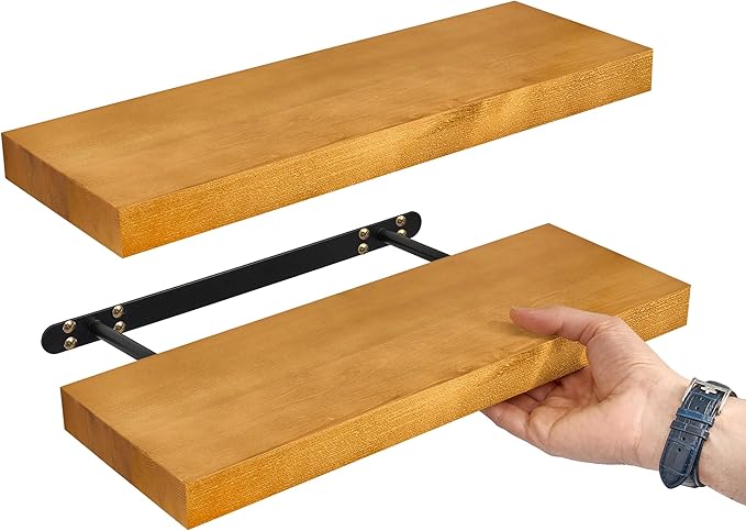 Sorbus Wood Floating Shelves for Wall - 16” Solid Wall Shelves for Bathroom, Bedroom & Living Room - Set of 2 Maple Wood Wall Mounted Shelves - Durable Solid Pine