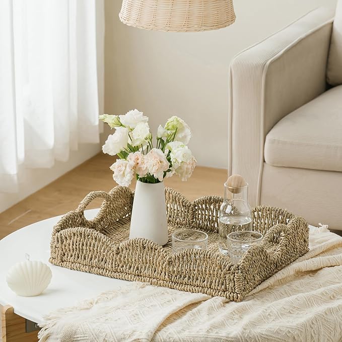 Wicker Tray, Handwoven Woven Tray with Handles and Scalloped Edge, Rectangle Wicker Basket for Home Decor and Organizing, 16.9" L x 12.9" W x 1.96" H