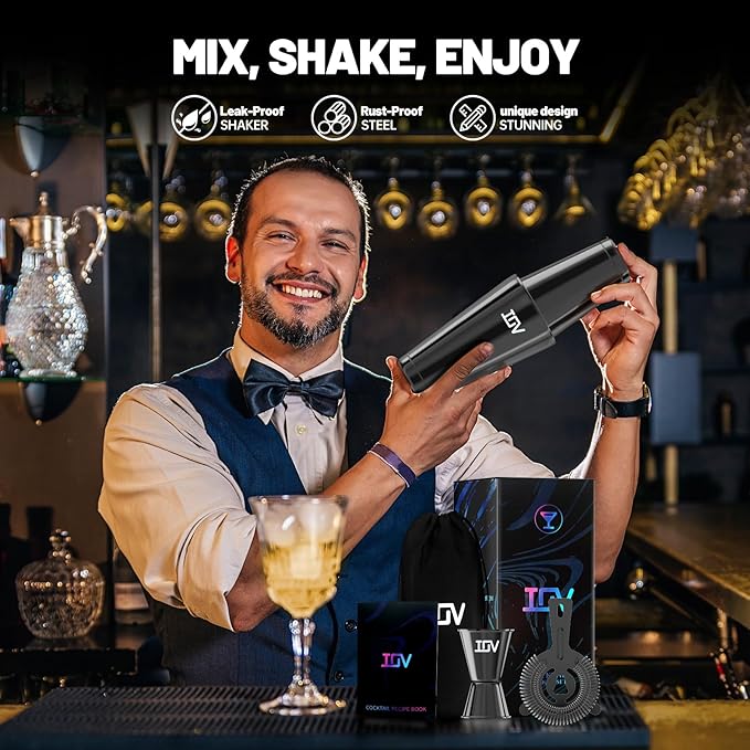 IOV Boston Cocktail Shaker Bar Set, Bartender Kit Drink Mixer Set with 18 oz & 28 oz Boston Shakers, Hawthorne Strainer, Double Jigger, Bar Tool Kit and Recipe Booklet - Black
