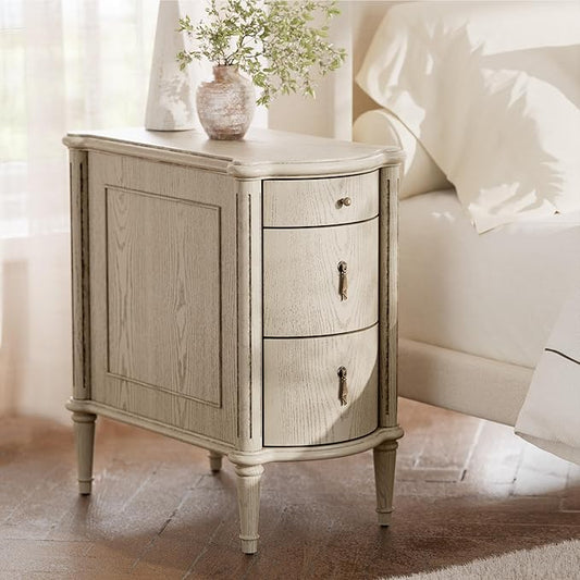 STO'SENSE Nightstand w/Charging Station & 3 Drawers, Pre-Assembled, Vintage Side Table w/Antique-Finished Pulls, Rustic Wood Finish, Narrow End Table w/Turned Legs for Bedroom (1, Antique Grey)