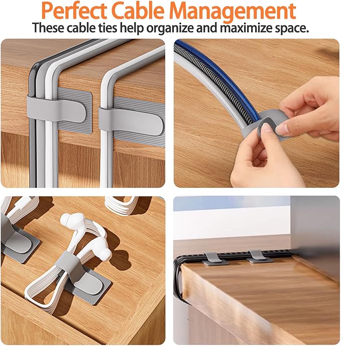 Hook and Loop Cable Straps, Cable Management Under Desk, Adjustable Cord Organizers for Desk, Self Adhesive Cable Ties, Cable Clip,Home Office Essentials, 50PCS (Black+Grey)