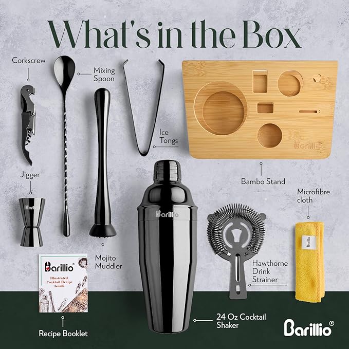 Barillio Black Bartender Kit - Stainless-Steel Cocktail Shaker Set w/Bamboo Stand - Mixology Bar Tools w/Shaker, Drink Mixer Spoon & Muddler for Cocktails - Home Bar Accessories - 10-Pc Bar Set