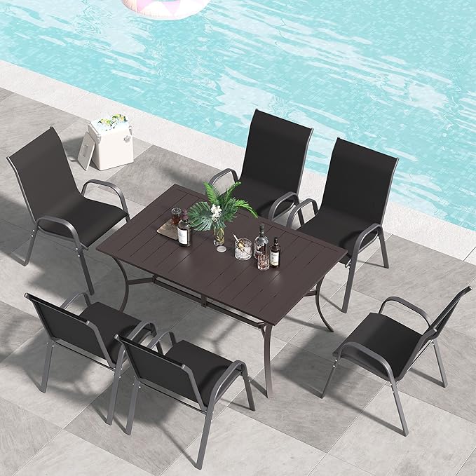 Amopatio 7 Pieces Patio Dining Set, Outdoor Table and Chairs, Square Metal Table with Umbrella Hole, 6 Stackable Chairs, Patio Furniture Sets for Deck, Backyard, Garden and Poolside, Black