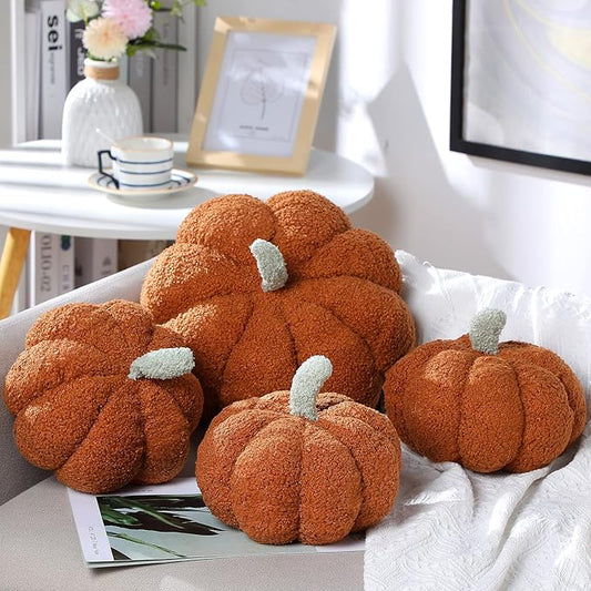 Kajaia 4 Pcs Fall Decor Pumpkin Throw Pillow Fall Pillow 11 Inches 7 Inches 3D Cushion Thanksgiving Sherpa Plush Fluffy Stuffed for Autumn Halloween Christmas Home Sofa(Brown)