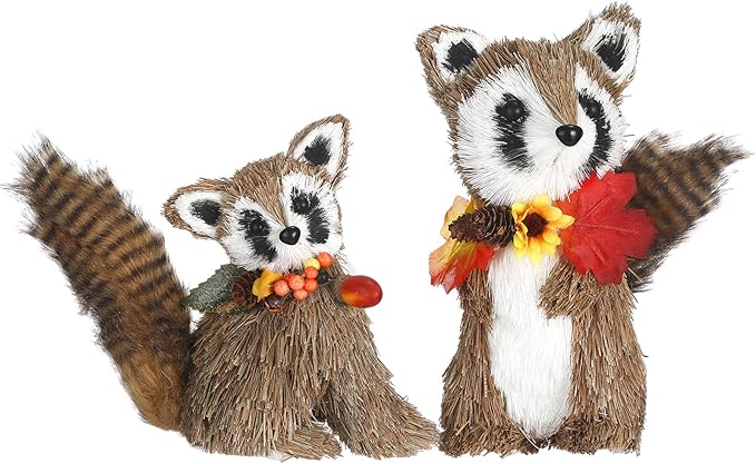Namalu 2 Pack Raccoon Sisal Fall Decor Thanksgiving Decoration Indoor Sisal Figurine for Home Table Centerpieces Cute Handmade Fall Woodland Animal Statue for Autumn Harvest Office Cozy Shelf Decor