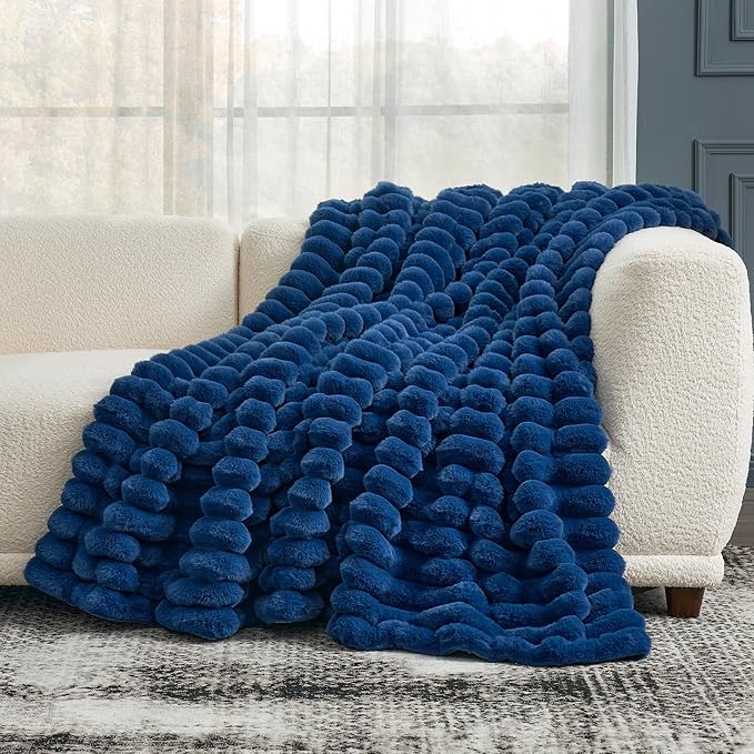 Cozy Bliss Faux Fur Throw Blanket for Couch, Cozy Warm Plush Striped Blanket for Sofa Bedroom Living Room, 50 * 60 Inches Navy Blue