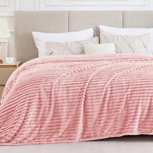 BEDELITE Full Size Blanket for Bed, 300GSM Soft & Warm Fleece Pink Blanket, Decorative and Giftable Striped Blankets for Women, Men, 84"x90"