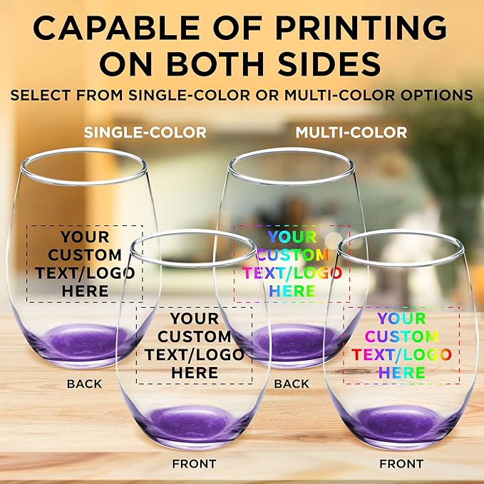 Custom Stemless Wine Glass 9 oz. Set of 50, Personalized Bulk Pack - Great for Wedding Favors, Bachelorette Party Decorations, Party Favors, Color Bottom - Purple