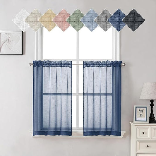 Aiyueng Kirei 2 PCS Faux Linen Navy Blue Kitchen Sheer Curtains 36 inch Length, Soft Lightweight Textured Short Cafe Curtains for Farmhouse Bathroom Bedroom Small Windows, Each 30Wx36L inch, Navy