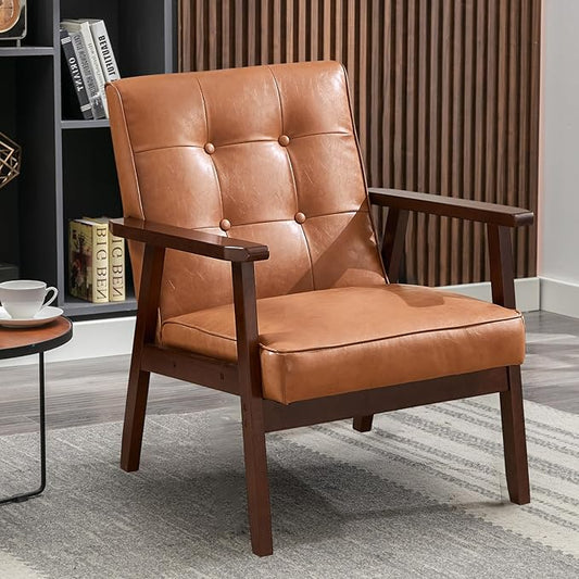 Bonzy Home Mid Century Modern Accent Chair for Living Room, Upholstered Faux Leather Armchair Comfy Retro Bedroom Side Chair with Solid Wood Frame, Orange