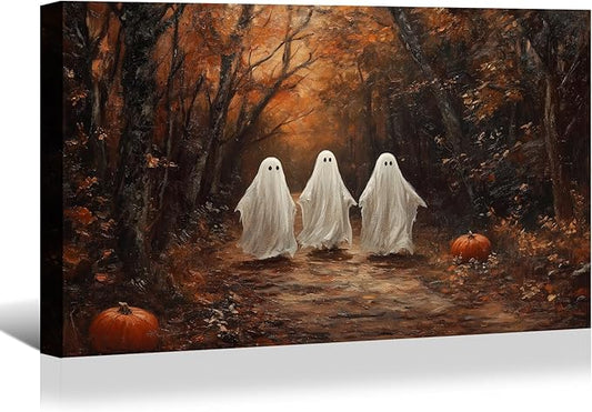 BANHUA1 Vintage Halloween Canvas Wall Art, Cute Ghosts in Haunted Forest Pictures Print, Funny Spooky Lighted Pumpkin Wall Decor for Home, Living Room, 32 x 24 Inch